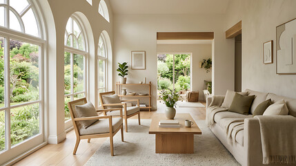Fototapeta premium Bright and airy living room with large windows overlooking lush greenery and modern minimalist decor