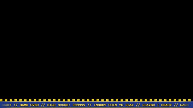 Retro arcade game banner scrolling text on black background with copy space