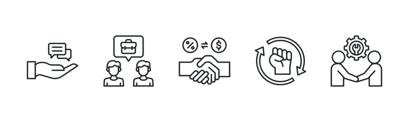 Fototapeta premium Strategic Negotiation and Influence Framework icon line illustration. Offer Discussion, Business Dialogue, Offer Counter, Power Dynamics and Negotiation Tools