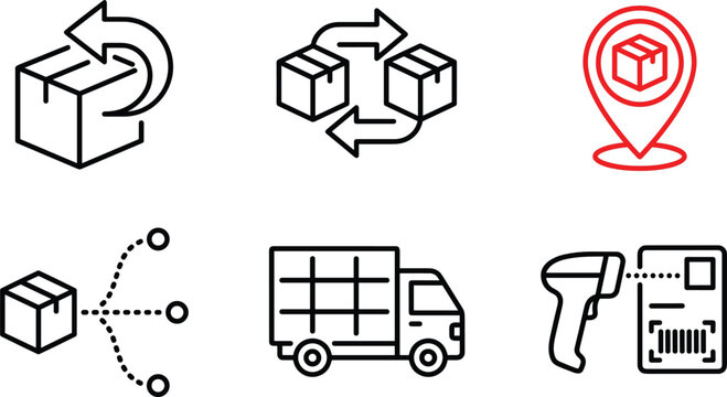 Logistics delivery and shipping line icon set featuring product return package exchange location map pin truck and barcode scanner