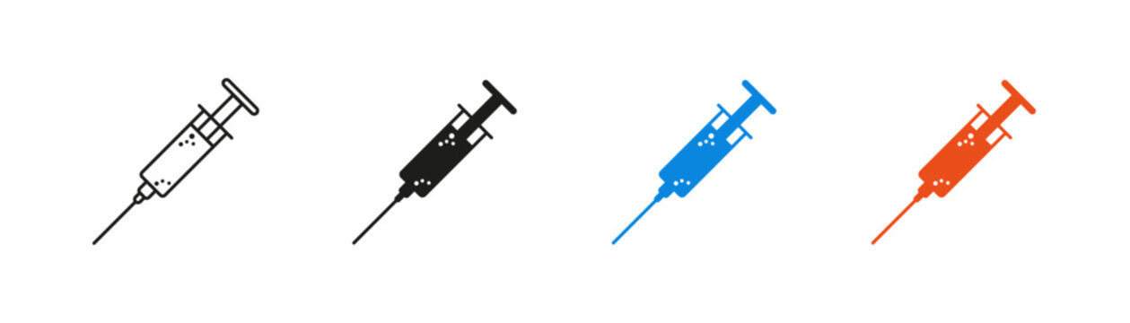 Syringe icon set. Medical syringe, injection, vaccination, immunization, and healthcare symbols representing medicine, hospitals, clinics, pharmaceuticals, and patient care.