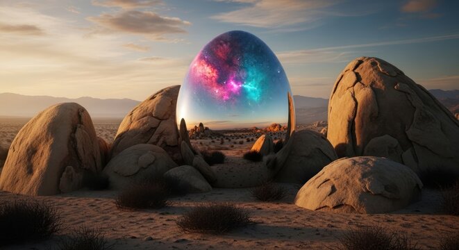 Reflective cosmic egg in desert landscape under sunset sky.