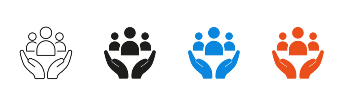 Community support icon collection featuring helping hands and teamwork symbols. Modern signs for charity organizations, volunteer programs, collaboration, leadership, and social services.