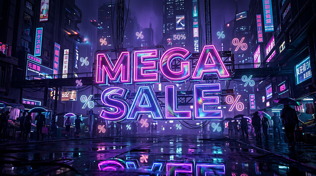 Mega sale neon sign in futuristic cityscape
