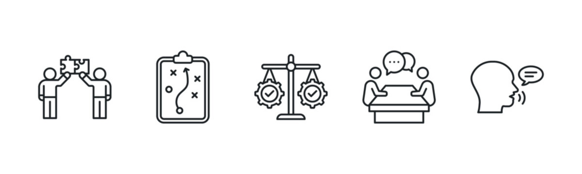 Collaborative Negotiation Strategy Framework icon line illustration. Team Compromise, Tactic Plan, Balanced Outcome, Table Talk and Assertive Speaking