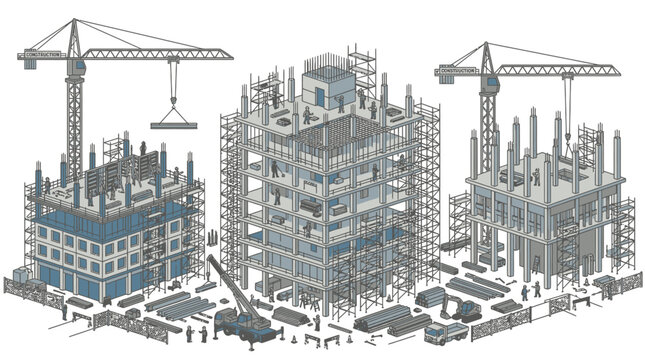 Isometric illustration of construction sites with cranes and unfinished buildings under development.