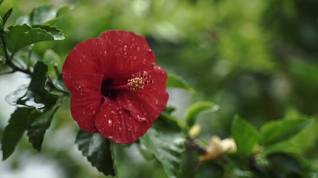 Beautiful red chinese hibiscus flower swaying by the wind and there is water droplets on the flower. Surrounded by green leaves. Full HD slowmotion footage. Nature or floral concept