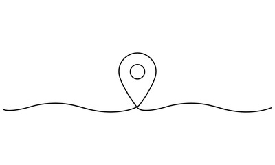 Fototapeta premium Single continuous black line of a location pin on a wavy horizontal line isolated on a white background, for map navigation