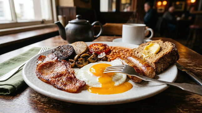 Irish breakfast plate with rashers (Irish bacon), pork sausage, black and white pudding, fried egg, grilled tomato, and soda bread &ndash; traditional hearty meal, authentic Irish cuisine, commercial stock