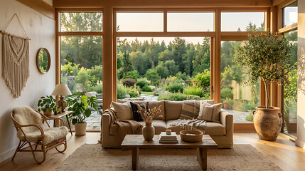 Fototapeta premium Bright cozy living room with large windows showcasing lush green garden and natural sunlight streaming in offering a peaceful