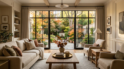 Fototapeta premium Elegant living room with large glass sliding doors opening to a vibrant, lush outdoor garden and patio area with autumnal