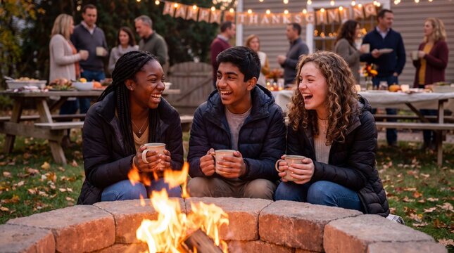 Three teenagers laugh around a fire pit at a cozy backyard Thanksgiving party, ideal for autumn holiday celebration social banners