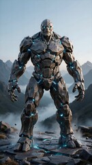 Naklejka premium Giant rocky humanoid creature with glowing blue cracks standing on rugged terrain in a mountain landscape