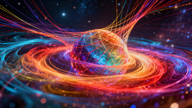 Abstract cosmic strings vibrating in the multiverse, colorful energy waves, high-dimensional geometry concept, mind-bending physics visualization, radiant colors