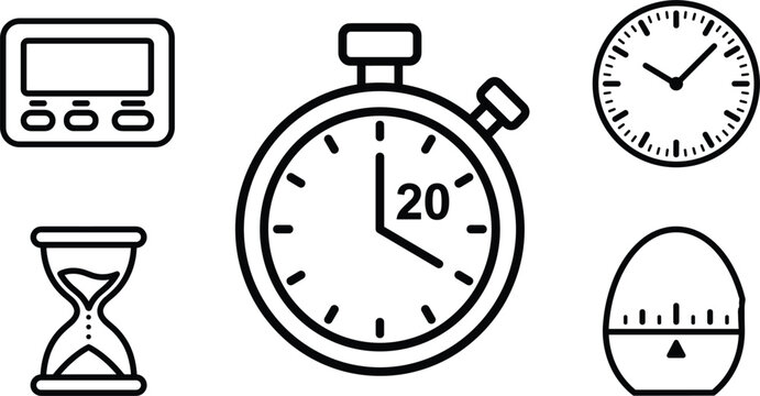 Time management and countdown timer vector icon set including stopwatch digital clock hourglass kitchen timer and wall clock