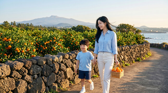 제주 한라봉 농장을 걷는 엄마와 아들 / Mother and Son Walking Through Jeju Hallabong Orchard
