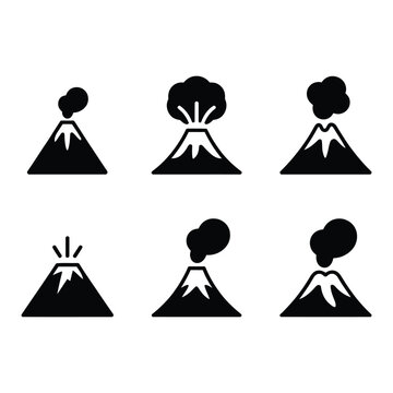 Volcano set of lava eruption icons on a white background