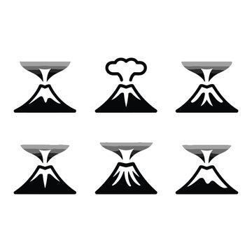 Volcano set of smoke and lava icons on a white background