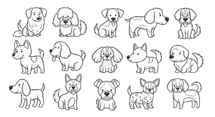 Fototapeta premium Collection of fifteen diverse dog breed illustrations in black and white line art. Cute puppy doodles including poodle, beagle, and retriever for coloring book pages or digital stickers.
