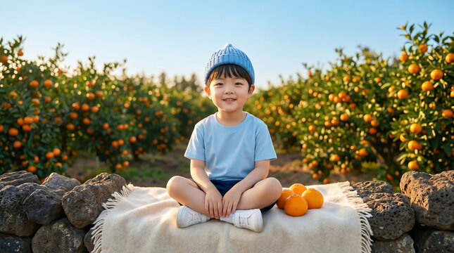 한라봉 농장에서 과일을 품은 소년 / Boy Holding Hallabong Oranges in Jeju Orchard