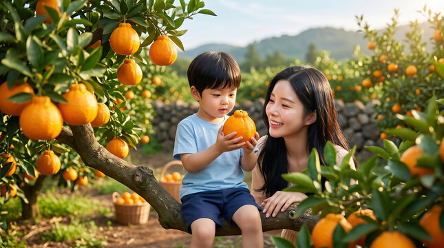 한라봉 농장에서 아이에게 과일을 보여주는 엄마 / Mother Showing Hallabong Orange to Child at Farm