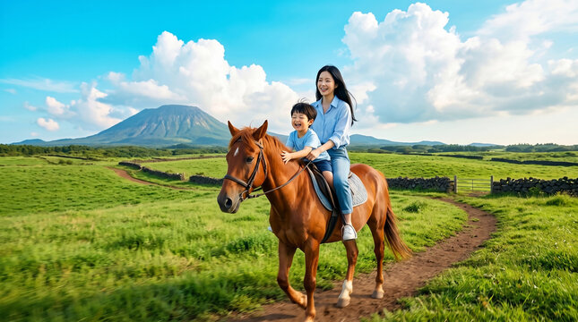 제주 초원에서 말을 타는 엄마와 아들 / Mother and Son Horseback Riding in Jeju Meadow