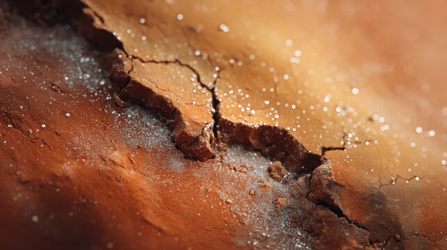 Cracked terracotta surface with mineral dust creating aesthetic natural texture and warm earthy tones in close up view