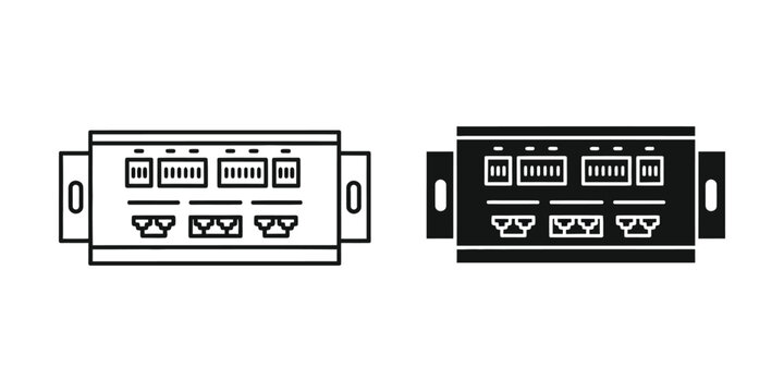 Industrial ethernet switch set in outline and solid black styles for network infrastructure and automation systems