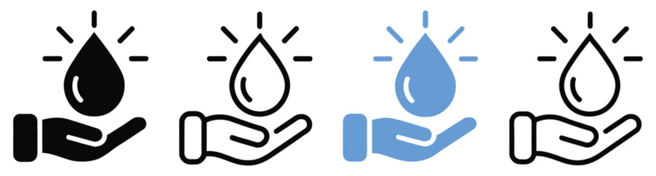 Water drop with hand silhouette and line icon set, illustrating water conservation, helping hands, charity donation, ecological responsibility, volunteer support, humanitarian aid, and environmental 