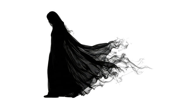 Silhouette of a mysterious woman in a flowing black cloak isolated on transparent background