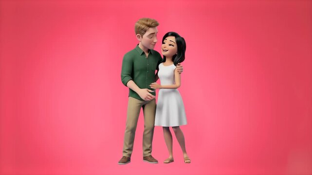 A detailed 3D animated graphic of a young man and an Asian woman standing together in an embrace, looking into each other's eyes lovingly. Positioned against a clean red studio backdrop, this modern c