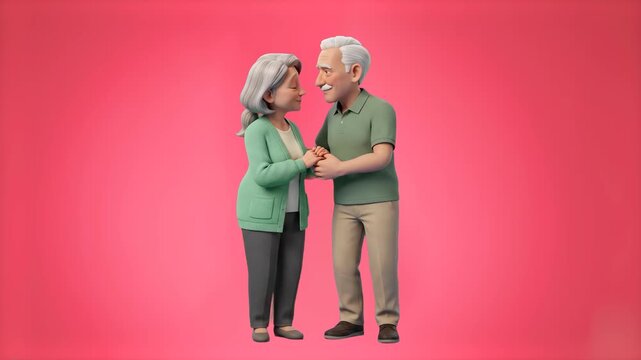 A beautiful 3D medical or lifestyle illustration of a senior man and an elderly woman with grey hair standing close together, smiling and holding hands against a solid pinkish-red backdrop. Perfect fo