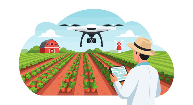A farmer in a hat and lab coat uses a tablet to control a drone flying over a vibrant green and red crop field with a barn and windmill in the background, illustrating modern agricultural technology.