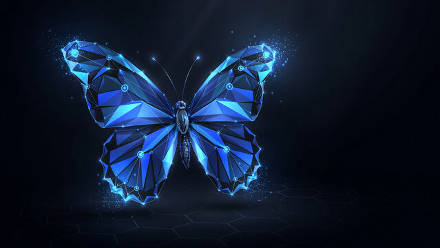 Futuristic blue geometric butterfly design with glowing digital plexus lines and low poly crystal texture on dark base.