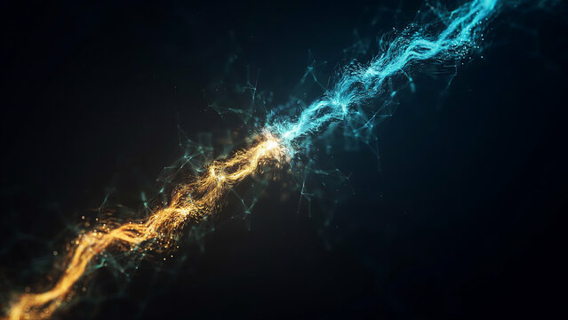 Abstract digital energy flow background with glowing orange and blue particle waves colliding in dark cinematic space.