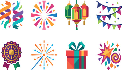 Obraz premium Colorful Festive Party Icons with Confetti, Lanterns, Flags, and Celebration ElementsColorful Festive Party Icons with Confetti, Lanterns, Flags, and Celebration Elements