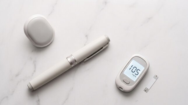 Premium diabetes supply kit with glucose meter and insulin pen on white marble, hypoglycemia