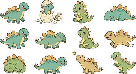 Cute Baby Dinosaur Sticker and Character Set Featuring Stegosaurus Hatching from Egg Sleeping Sitting and Eating Leaves for Kids Graphic Designs © MdMostakin