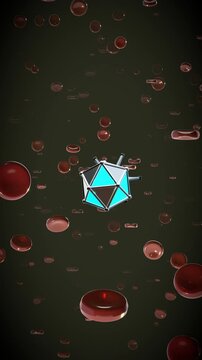 Cinematic aft pursuit following the glowing thruster core on a microscopic medical nanobot featuring a bio-mechanical chassis inside a bloodstream environment.