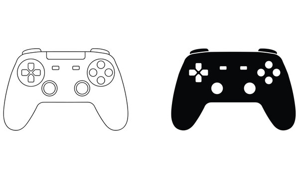 Two game controller in outline and solid black silhouette styles isolated on a white background, for gaming and, technology themes