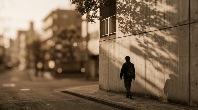A person with a backpack walking down a street with warm light and shadows.