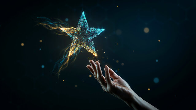 Human hand reaching towards glowing digital star made of particles and lines representing hope and high tech achievement.