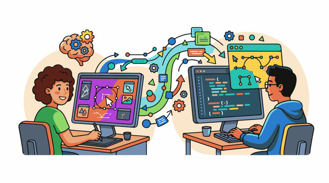 Two people collaborate on digital projects one designing one coding