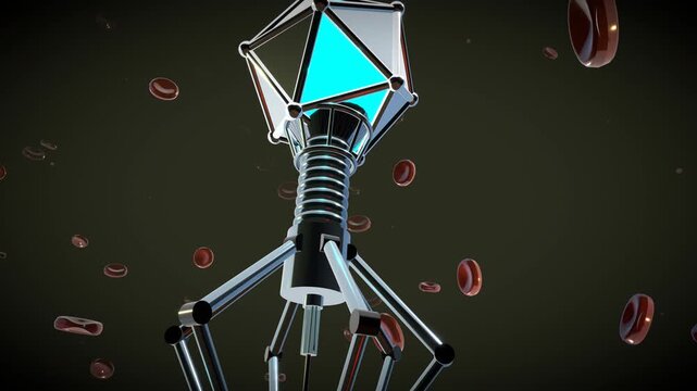 Slow vertical tilt sweeping across the full mechanical body on a microscopic medical nanobot featuring a bio-mechanical chassis inside a bloodstream environment.