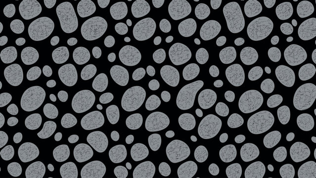 Seamless pattern of textured gray stone pebbles and organic cell shapes on a solid black background.