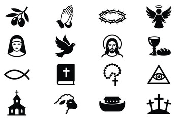 Obraz premium Christian Symbols Vector Set with Cross, Bible, Dove, and Faith Icons for Religion