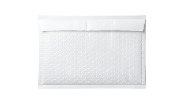 White padded bubble mailer envelope, flat lay, isolated on a transparent background