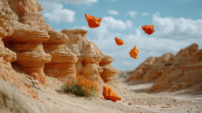 Terracotta mineral rock formations create aesthetic desert landscape with floating orange stones under cloudy blue sky