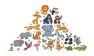 Adorable Exotic Wild Animal Friends Flat Vector Illustration Isolated on White Background