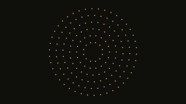 Minimalist concentric dot pattern animation: golden pulsing circles on 4k black background, for modern motion, and abstract projects